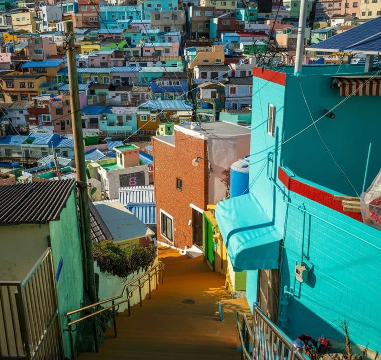 Colorful hillside houses and stairs of Gamcheon Culture Village